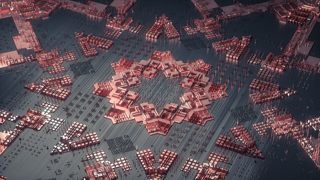 Circuit board with microchips, processors and other hi-tech parts. Iron and coper. Futuristic technology. Circuit board micro structure cyberspace. 3d sci fi background. 3d render. 3d illustration.