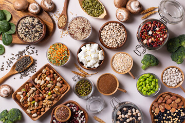 Variety of vegan, plant based protein food, legumes, lentils, beans