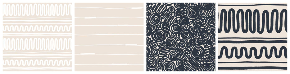 Boho lace seamless pattern set with zig zag, waves and swirls. Fashionable vector design in black, sand beige and white colours for textile.