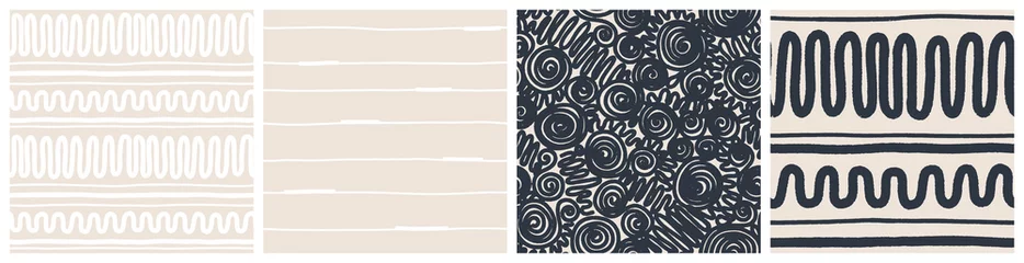 Papier Peint photo Lavable Style bohème Motif sans couture en dentelle Boho avec zigzag, vagues et tourbillons. Design vectoriel à la mode dans les couleurs noir, beige sable et blanc pour le textile.