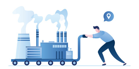 Industry relocation. Worker man or manager push cart with industrial factory. Global relocation service, horizontal conceptual banner. Moving of production and equipment.