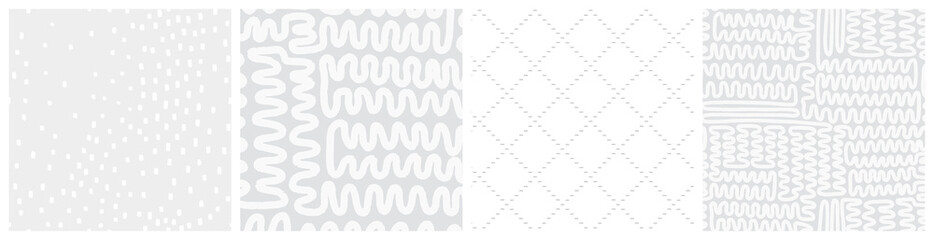 Pale grey and white seamless pattern set. Low contrast neutral vector designs.