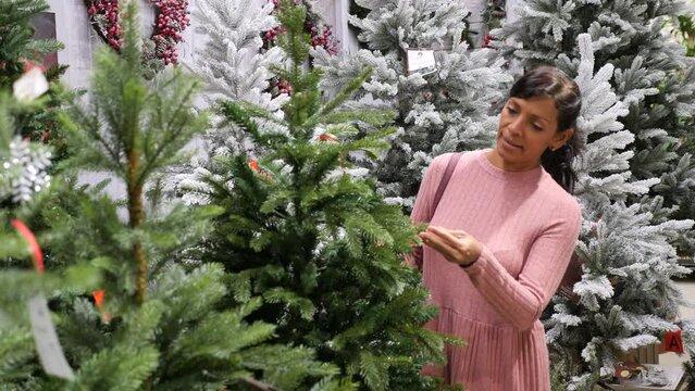 Happy mexican woman shopper chooses christmas tree at shop for home decor