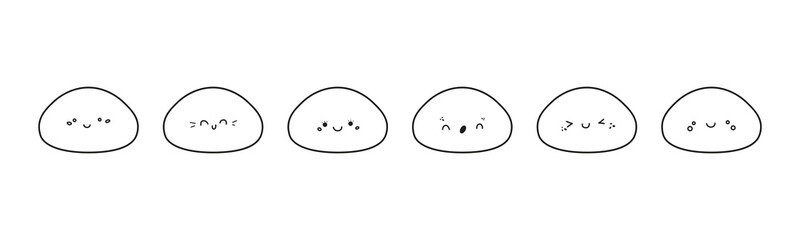 Cute mochi icon vector set. Cartoon characters with various kawaii faces. Japanese sweet rice dessert in doodle style. Mochi logo illustration isolated on white background
