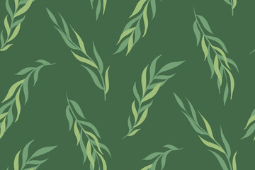 Naklejka na ściany i meble Simple botanical print with herbs. Seamless pattern, decorative natural background with leaves on branches in green colors. Vector illustration.