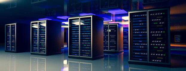 Servers. Servers room data center. Backup, mining, hosting, mainframe, farm and computer rack with storage information. 3d rendering