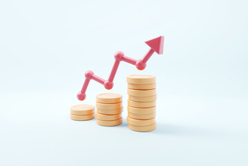 Graph up arrow on coin stacks. Financial success and growth concept. 3d render.