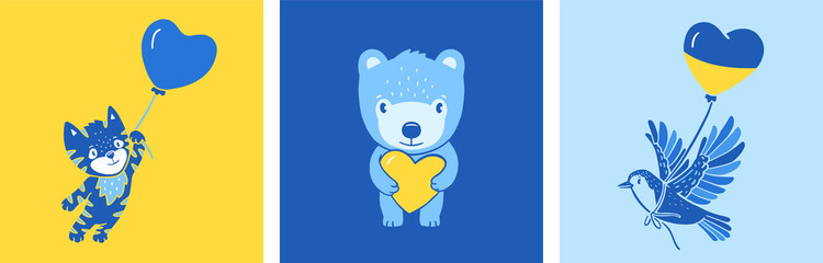 Ukraine banner with national colours. Cat, bear, bird vector illustration.