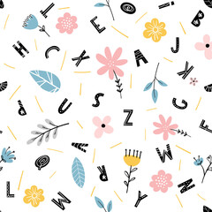 Fototapeta na wymiar Cute seamless pattern with flowers and alphabet letters on white background, for baby fabric, scrapbooking, hobby. Naive simple flat design elements. Vector illustration.