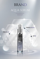 Beautiful cosmetic templates for ads, realistic 3d white tube and silver bottle on a light blue background with water bubbles. Beauty design for premium product