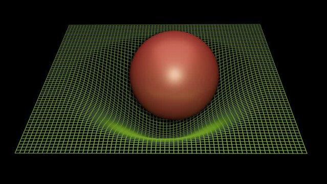 Super massive stellar object moves through space and warps the fabric of spacetime. Object curving spacetime. Wireframe grid being deformed by sphere. Ball deforms wire mesh. 3d animation rendering