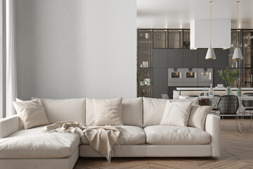 Modern interior of kitchen with living room. 3d render