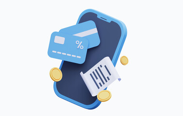 Online payment system on a mobile phone. Coins with a credit card and a paper check. Payment confirmation concept. 3D rendering.