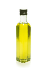 cooking olive oil glassy bottle, isolated