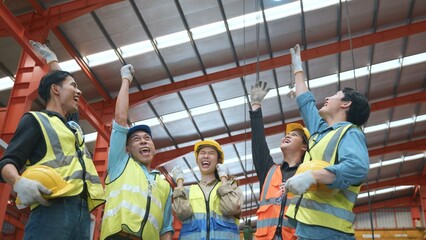 Factory Workers join stacking hand together for collaboration in Metal Sheet factory, Workers hands...
