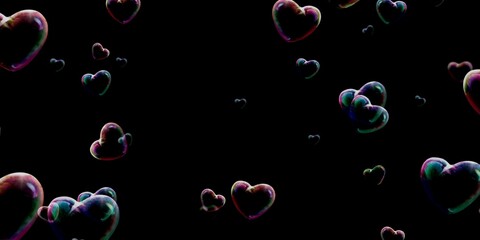 colorful hearts abstract fly on black background
