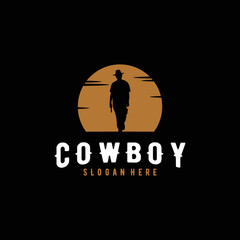 Cowboy Silhouette at Sunset Sun logo design illustration