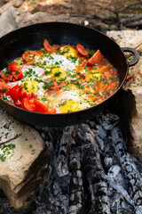 Eggs prepared with vegetables on a frying pan on the fire in the forest. Cooking scrambled eggs over an open fire. Breakfast in nature. Tourist food.