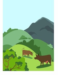 Mountain landscape with grazing animals. Cows on the background of green meadows and forests. Flat graphic style illustration