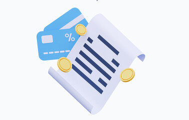 Paper bill of transaction receipt payment. Online payment system. 3D render illustration. Coins with a credit card and a paper check.