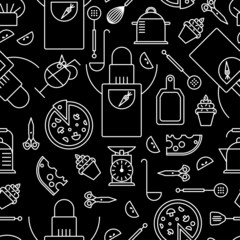 Seamless doodle pattern tableware and food items.