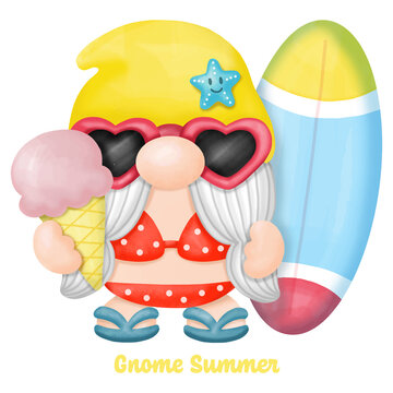 Watercolor Gnomes Summer Beach Clipart, PNG Digital painting