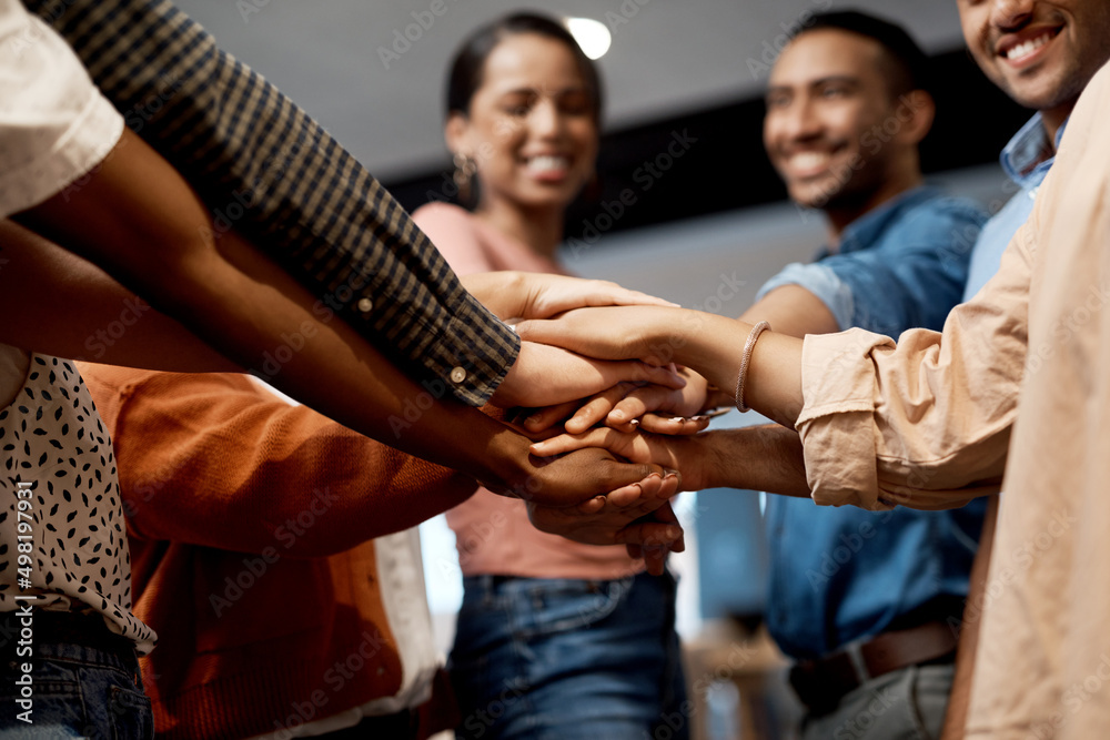 Sticker Whatever you do, make it matter. Shot of a group of businesspeople joining hands in solidarity in a modern office.