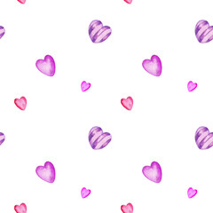 seamless pattern with heart to Valentine day theme, watercolour hand draw, pink and lilac colour on white background