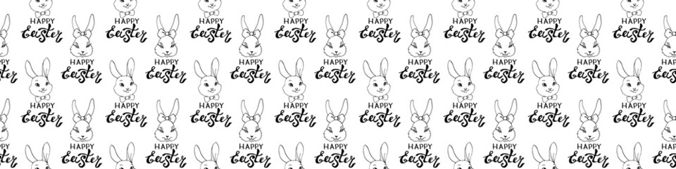 Happy Easter-Vector seamless pattern with inscriptions and simple contour drawings of faces of cute rabbits in doodle style. Holiday backgrounds and textures
