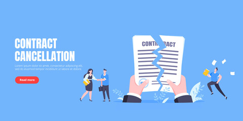 Contract cancellation business concept. Terminated tearing contract paper sheet breach flat style design vector illustration. Business people running toward giant hands with tearing contract papers. - obrazy, fototapety, plakaty