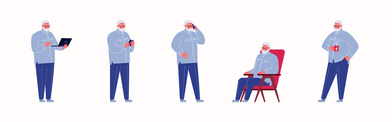 Set of poses, emotions, scenes, situations of modern elder person. Fat, cheerful elderly human in denim casual clothes. Happy old man. Flat vector illustration isolated on white background.