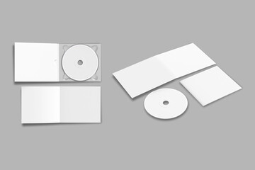 CD disc and carton packaging cover template mock up. Digipak case of cardboard CD drive. With white blank for branding design or text. Isolated on a background. 3d rendering. - obrazy, fototapety, plakaty