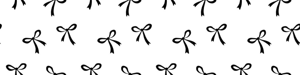 Seamless pattern with small black flat bows, ribbons. Cute fun simple abstract vector background, texture for fabric, wrapping paper, girls design