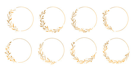 Gold circle frame, elegant wreath round border. Hand drawn doodle sketch style. Floral circle frame, flourish design element for wedding, greeting card. Vector illustration.