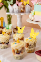 sweet counter with cakes and candies