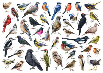 Various forest birds watercolor illustration big set. Hand drawn realistic bird collection with names. Woodpecker, robin, owl, magpie, chickadee, wren, bluebird, jay elements. Forest bird big set - obrazy, fototapety, plakaty