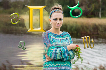 Portrait of a woman against the background of astrological and numerological signs, zodiac sign...
