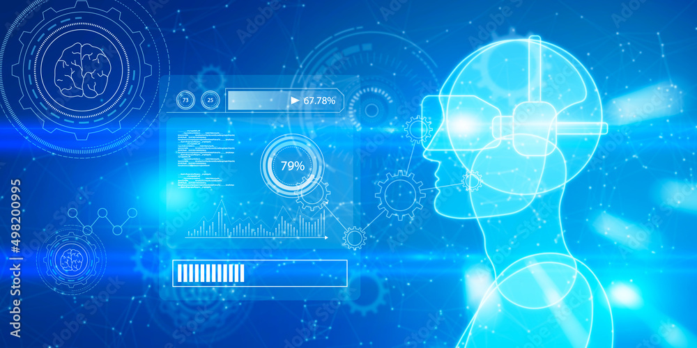 Poster Creative blue guy or robot outline with VR glasses on blurry bokeh wallpaper with charts and various icons. Virtual reality and metaverse concept. 3D Rendering.