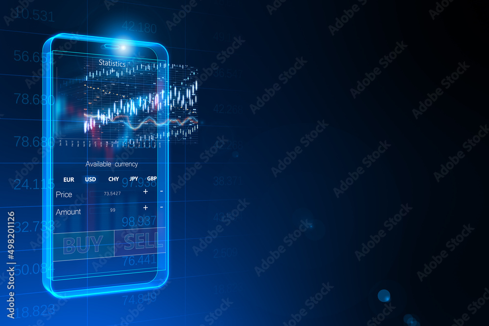 Poster creative digital blue mobile phone with cryptocurrency buy sell chart and mock up place on blue back