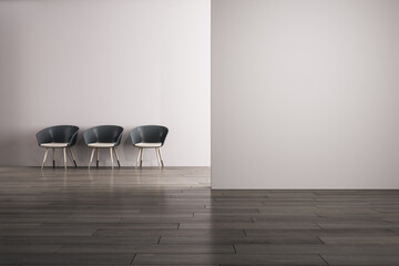 Modern concrete gallery interior with chairs, wooden flooring and blank mock up place on wall. Museum and exhibition hall concept. 3D Rendering.