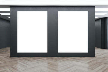 Modern gallery interior with wooden flooring, blank white mock up posters. 3D Rendering.