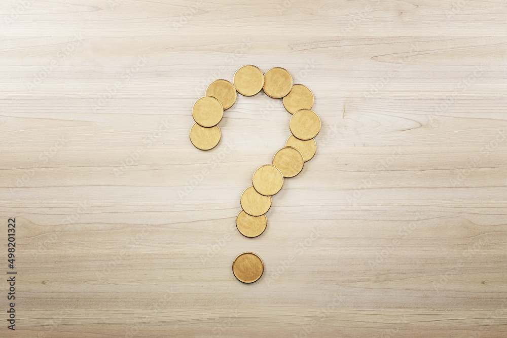 Poster abstract creative golden coin question mark on wooden surface background with mock up place. money, 