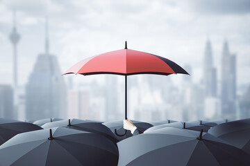 Businessman hand holding red umbrella over crowd on blurry dull city background. Risk, protection...