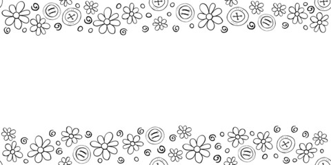Vector hand drawn border, frame of small outline black flowers chamomile, buttons in doodle style. Horizontal top and bottom edging, decoration for birthday, greeting card, nature, kids theme.