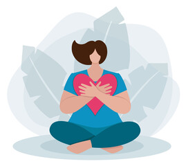 Love yourself, love your body. A woman embraces the heart, takes care of herself. The concept of body positivity, calmness, pacification.