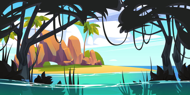 Island in ocean, uninhabited secret pirate isle with beach, palm trees, jungle lianas and rocks at sea under cloudy sky. Tropical landscape, empty land, game background, Cartoon vector illustration