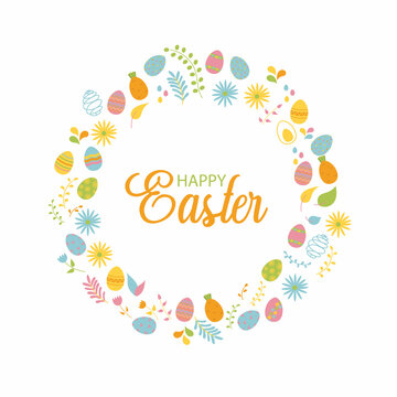 Easter wreath with Easter eggs, flowers, leaves and branches on white background. Decorative frame with Easter elements. Unique design for your greeting cards, banners, flyers. Vector in modern style.
