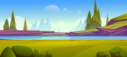 Summer nature landscape, scenery valley with lake, rocks, green field with lush grass and conifers trees. Pond and spruces under blue sky, natural park, cartoon parallax background Vector illustration © klyaksun