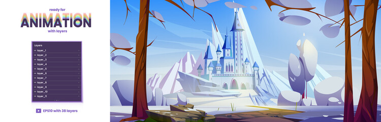 Fototapeta Winter landscape with castle on hill, snow and ice peaks. Vector parallax background ready for 2d animation with cartoon illustration of fairy tale kingdom with royal palace with towers obraz