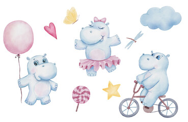 Hand drawn cute hippo with balloon illustration. watercolor cartoon hippopotamus isolated on white background. Cute baby character for printing, postcards and invitations